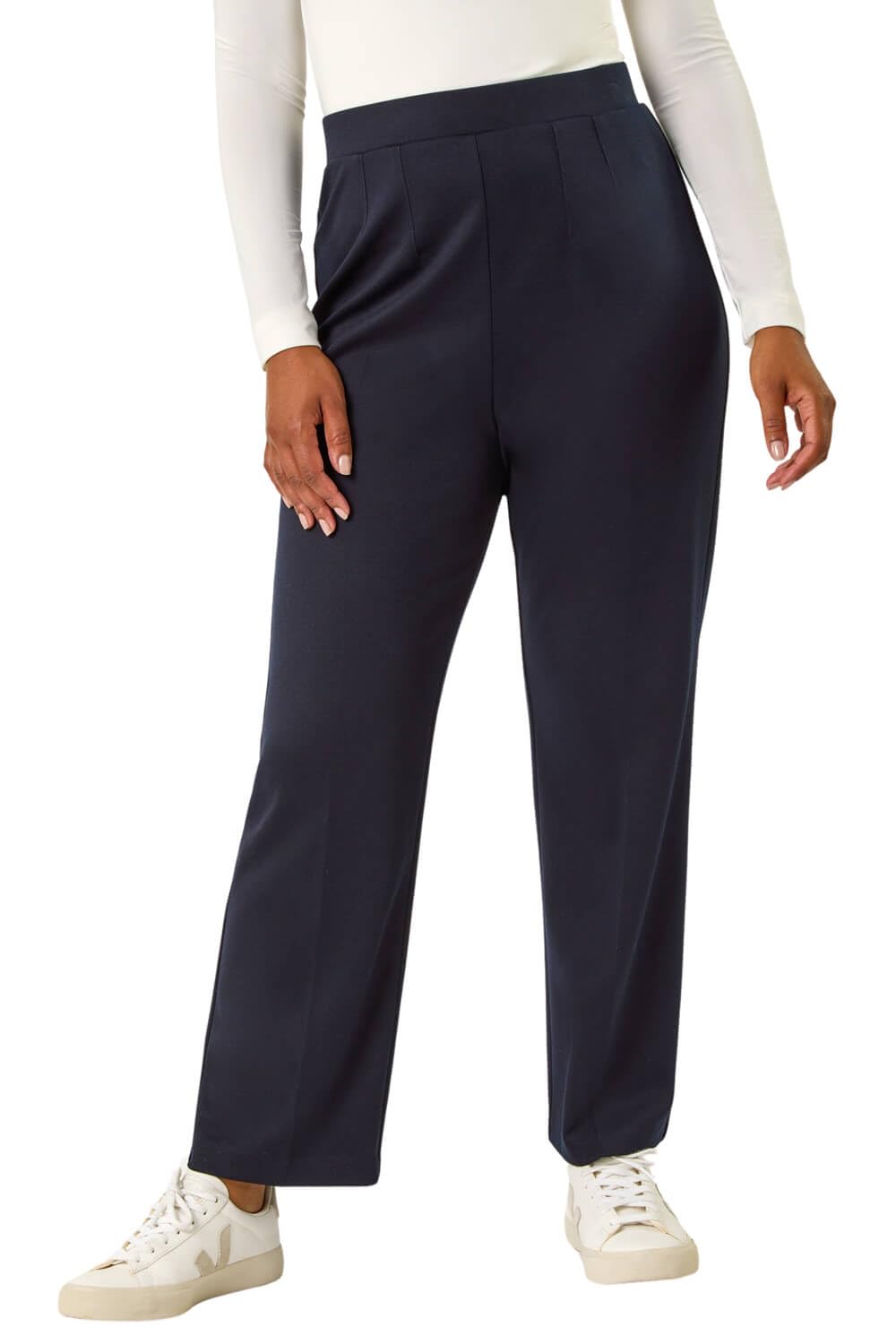 Roman Originals Women's Petite Navy Roman Petite Straight Leg Ponte Stretch Trouser For Uk - Everyday Autumn Winter Comfy Soft Evening Vacation Work Party Night Out - Size 12 Petite