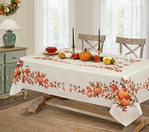 Lintex Thanksgiving Traditions Autumn Harvest Bordered Thanksgiving Tablecloth, Autumn Fall Leaves and Pumpkin Patch Border Print Easy Care Fabric Tablecloth, 60” x 120” Oblong/Rectangle