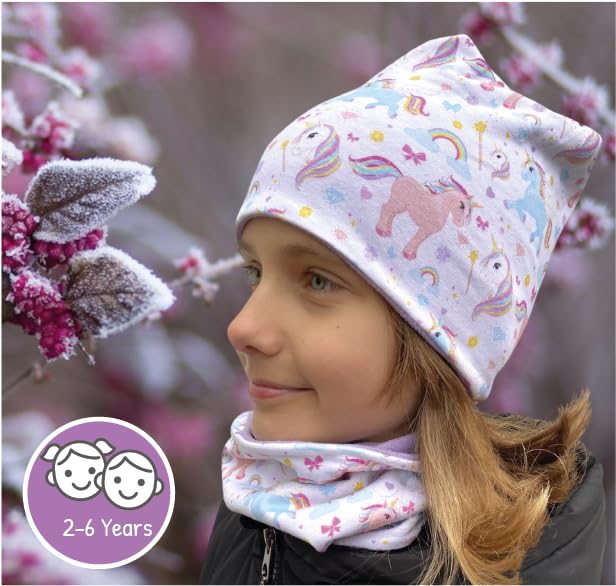 Unicorn Kids Girls Beanie Hat & Loop Scarf Set - with Fleece - 95% Cotton - Soft & Easy Care Stretch Material3