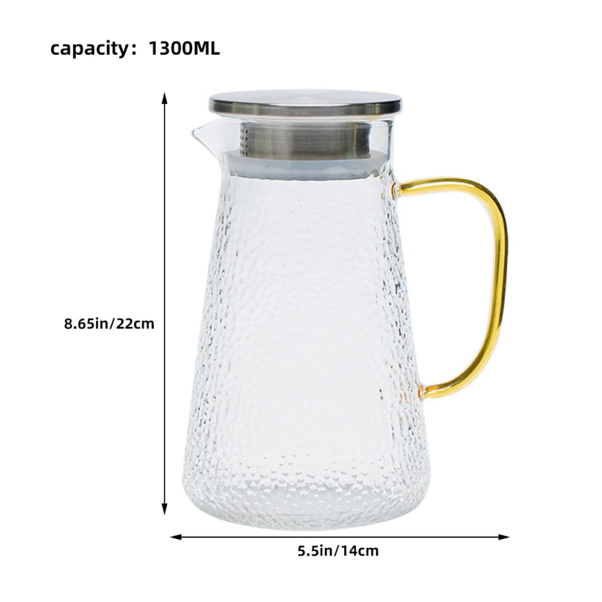 Jarra de Agua Delicada de Vidrio de 1300ml Tapa de Acero Inoxidable, Fácil de Limpiar y Almacenar para Fiestas y Uso Doméstico