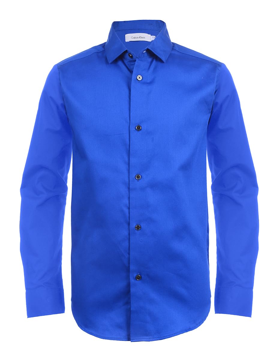 Calvin Klein Boys' Long Sleeve Sateen Dress Shirt, Button-Down Style with Buttoned Cuffs &amp; Shirttail Hem