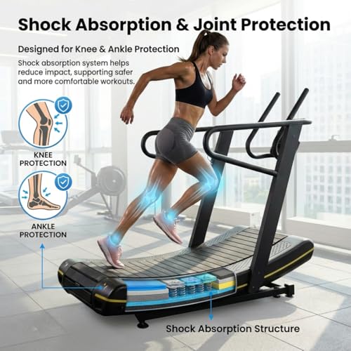 Image of Curved Self-Driven Cardio Treadmill with LCD Screen, 8-Level Resistance Treadmill with No Electricity, Handrail Supported Indoor Training Equipment