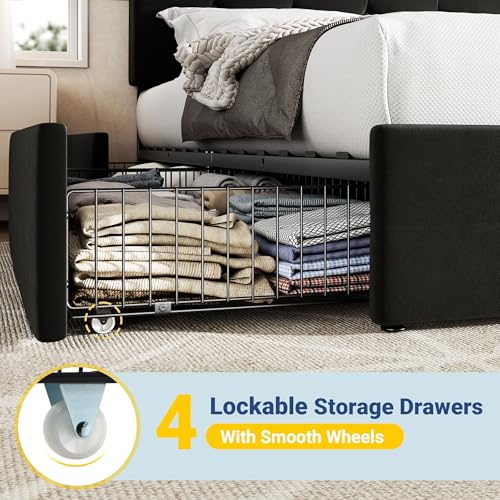 Image of Allewie Upholstered Full Size Platform Bed Frame with 4 Storage Drawers and Adjustable Headboard, Square Button Tufted, Wooden Slats Support, Noise-Free, No Box Spring Needed, Easy Assembly, Black