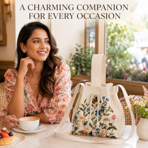 Image of Kawn Women's Crochet Drawstring Bucket Bag, Stylish Tote Purse, Crossbody Shoulder Bag, Boho Chic Handbag for Beaches, Party and Everyday Use.