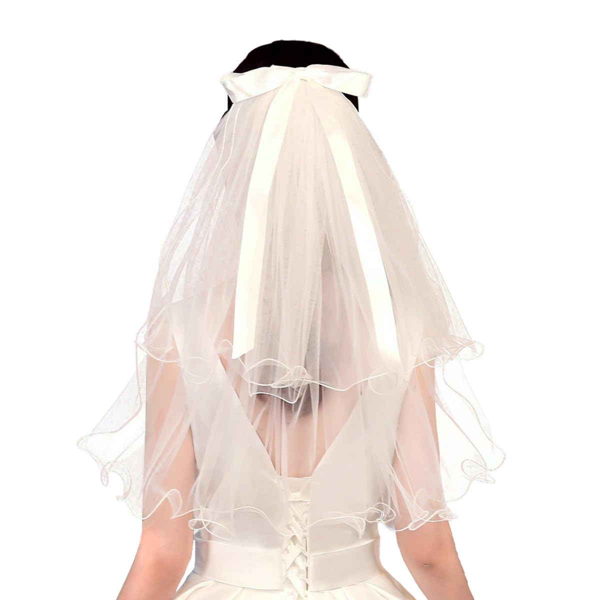 SamHeng Velo de Novia con Lazo, 2 Niveles Borde Curvado Velo de Boda con Peine, Lazo de Raso Velo de Tul Corta para Ducha de Novias Fiesta de Despedida de Soltera Vestido de Boda Accesorio de Cabeza