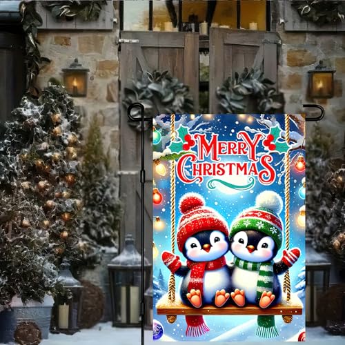 Image of BlissYard Christmas Penguin Garden Flag 12x18 Inch Polyester | Double sided polyester, Christmas penguin couple snowflakes design, winter home decor for holiday porch and yard
