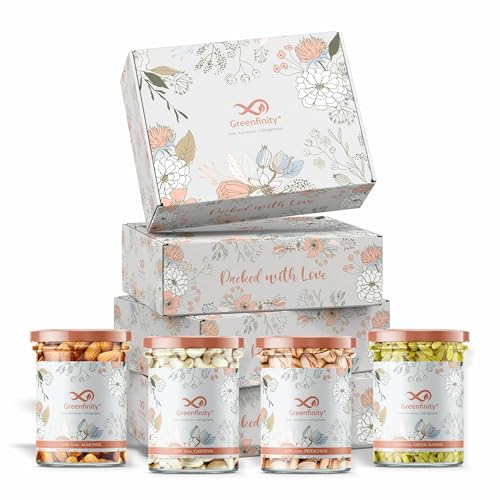 GreenFinity Diwali Gift Pack – Premium Dry Fruits Box with Almonds, Cashews, Pistachios & Raisins (100g Each) in Elegant Floral Box | Healthy, Assorted Gifting Choice