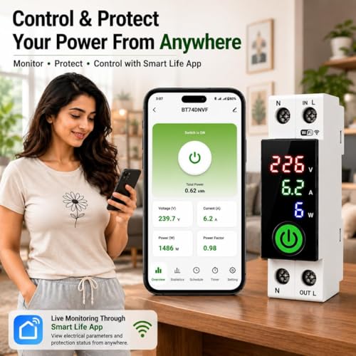 Image of Blackt Electrotech BT74NVF 63A Wi-Fi Circuit Breaker with Over-Voltage, Current Protection & Energy Metering Remote Control, Timer, & Power Monitoring | Smart Life, Alexa (With Dispaly)