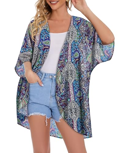 Image of Women's Floral Print Puff Sleeve Kimono Cardigan Loose Cover Up Casual Blouse Tops 2026