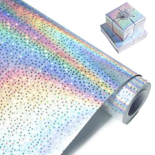 Silver Holographic Wrapping Paper Metallic Glitter Star Gift Wrap Paper Roll for Birthday Wedding Mothers Day Baby Shower Christmas - 43cm x 10m