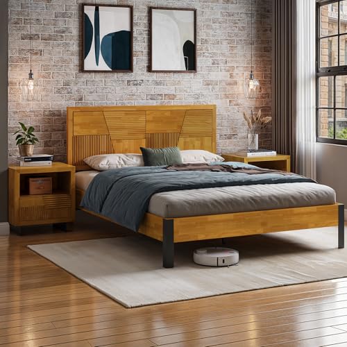 Image of Bme Trapeze Queen Bed Frame - Modern Solid Wood Bed with Smooth Pattern Headboard, Black Metal Legs, Teak Brown Finish - Durable Queen Size Platform Bed for Contemporary Bedrooms