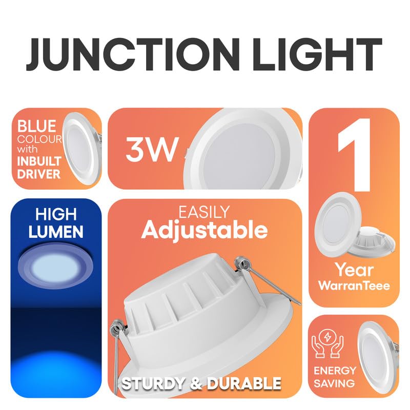 Image of elleys' Zain 6 Watt Junction Box Led Ceiling Light| Cut Out- 75 mm|BIS Certified| Blue Color Ceiling Light for Hall,Room,Office | Led Downlighter Colour (Blue) Pack of 8