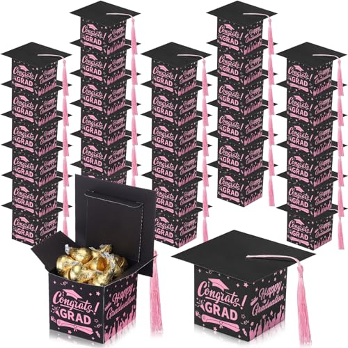 Chuangdi 30-Piece Congrats Grad Candy Boxes, DIY Grad Cap Box with Tassels for Party Favors & Decor - Graduation Centerpieces (Pink, Black)