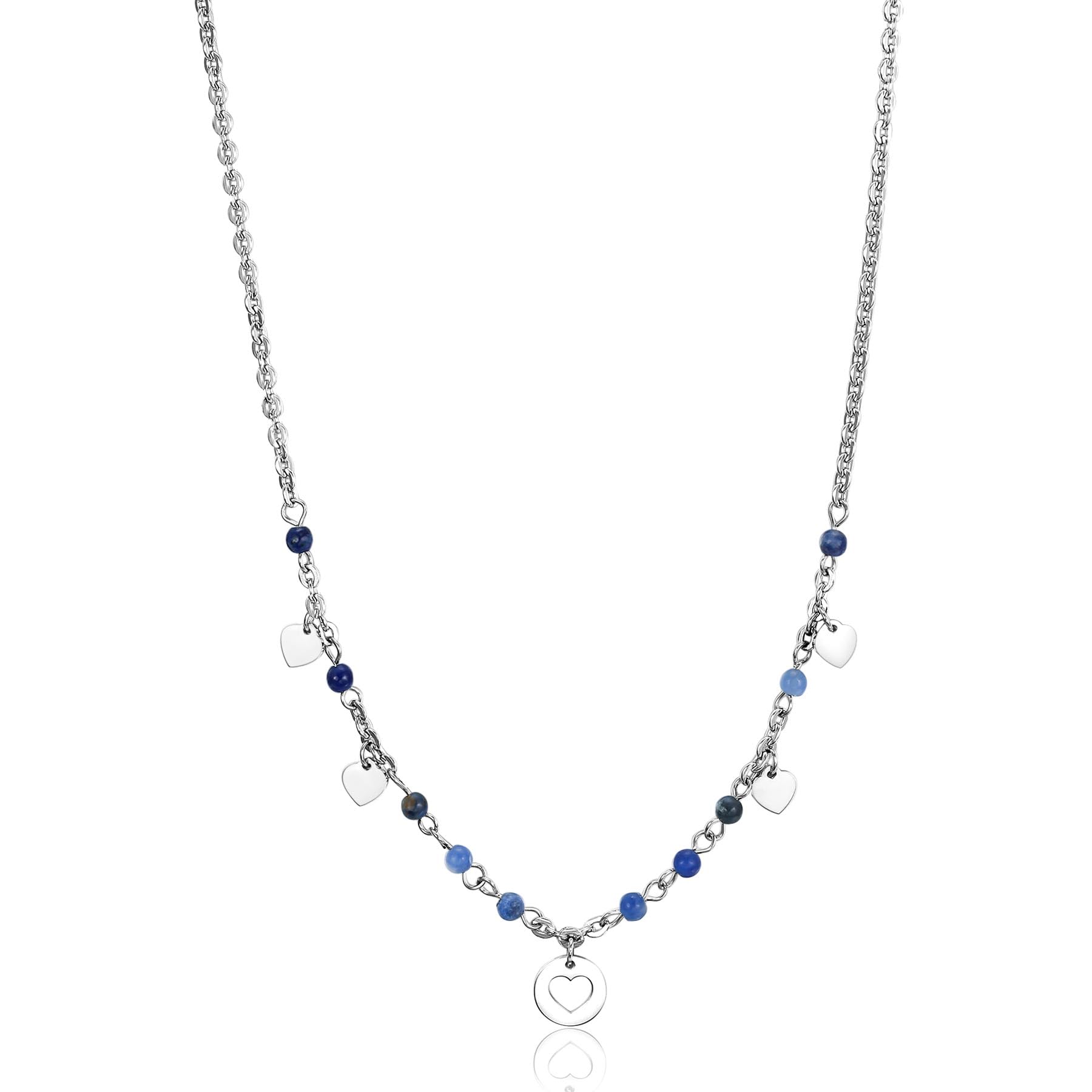 S'Agapõ Collana Girocollo Donna Acciaio 316L Con Pietre Sodalite E Cuore - Collezione Haiti