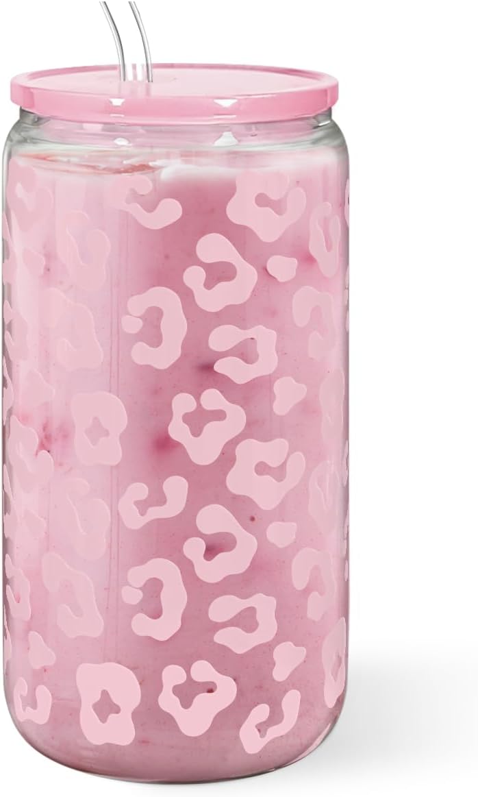 SANDJEST Leopard Glass Bottle, Pink Leopard Print Glass Cup with Lid & Straw, Iced Coffee Aesthetic Glass Can, Gifts for Women, Christmas Birthday Mother's Day - Image 2