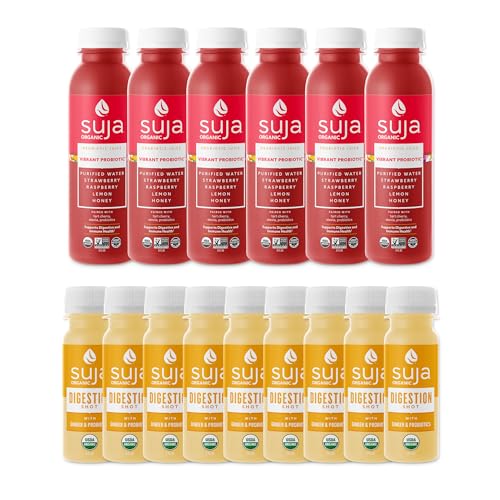 Image of Suja Organic Gut Health Shots and Juice Variety Pack | 10 Digestion Shots and 6 Vibrant Probiotic Juices | Plant-Based & Gluten Free (2 fl oz Shots /Pack of 10, 12 fl oz Juices /Pack of 6)