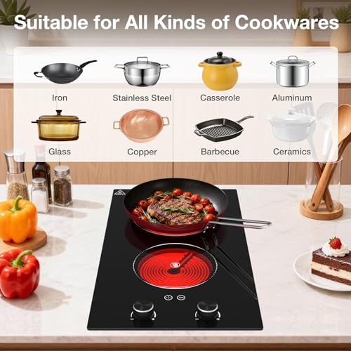 Image of Electric Cooktop 2 Burner, GTKZW 2100W Electric Stove 110v-120v Hot Plate, Knob Control Countertop & Built-in Ceramic Cooktop 9 Power Levels, Child Lock, Timer, Suitable for all Pans