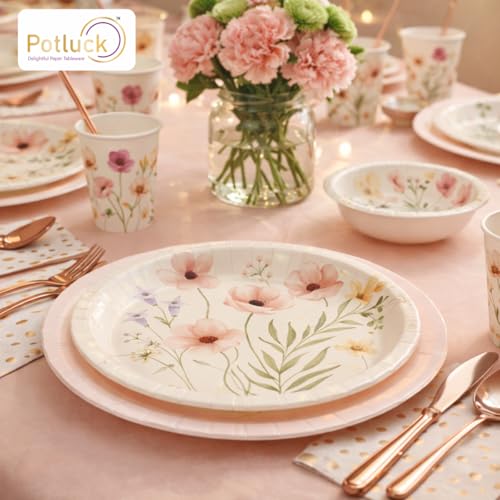 Image of Potluck Exotic Floral Disposable Paper Plates, 9 Inch Food Grade Tableware for Parties, Events, Snacks & Meal Serving Pack
