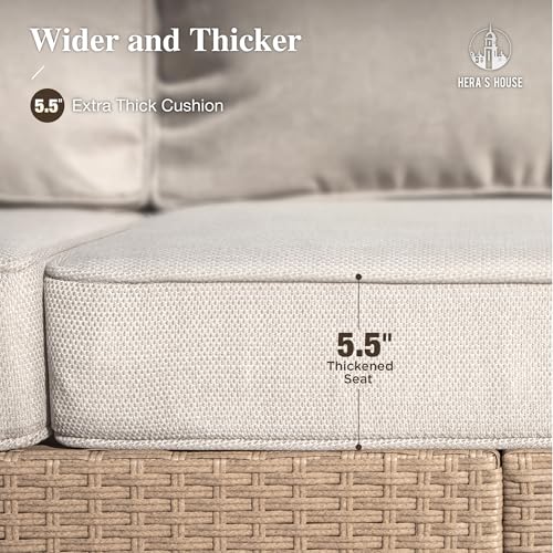 Image of HERA'S HOUSE 4-Piece Patio Furniture Set, All Weather 5 Seats Outdoor Wicker Sofa with 44 inch Coffee Table, 5.5 inch Thick Waterproof Cushion Conversation Couch Set for Garden Deck Backyard, Beige