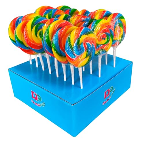 Piruletas Dulcipop Rainbow, Corazón y Redondas 50g – Sabor Fresa y Cereza, Colores Vivos, Bandeja Expositora 24 Unidades, Ideal para Eventos y Fiestas (REDONDA RAINBOW FRESA)
