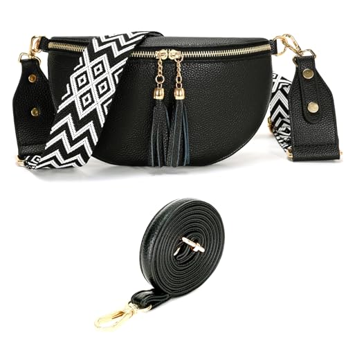 YISUOHOOM Crossbody Bag Damen Breiter Gurt Leder Bauchtasche Damen Stylisch Umhängetasche Klein Schwarz Mit 2 Trageriemen，Kreditkartenfach