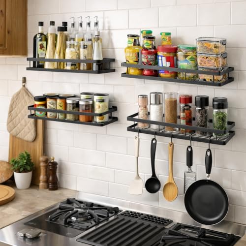 Image of Wall Mounted Spice Rack Organizer Hanging Spice Seasoning Rack bathroom Shelf Holder with 5 utensils hanging hooks Organizer Storage for Kitchen Cabinet (set of 4)