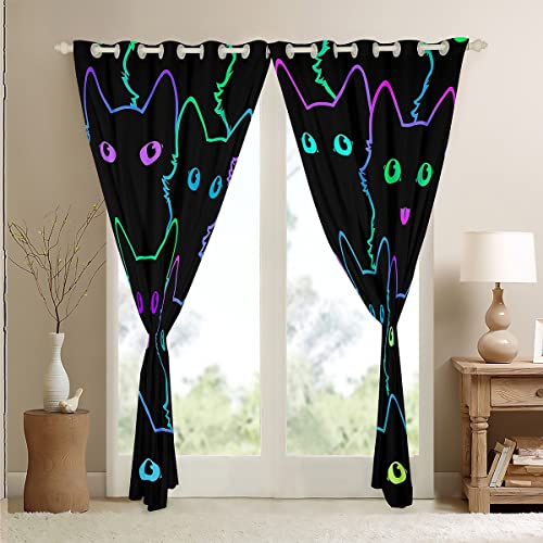 Loussiesd Cartoon Cat Curtain for Bedroom Children Pet Cats Darkening Window Dreapes Cute Kitten Neon Light Blackout Curtains3D Animal Cat Lover's Window Treatments W66*L90 - Image 4