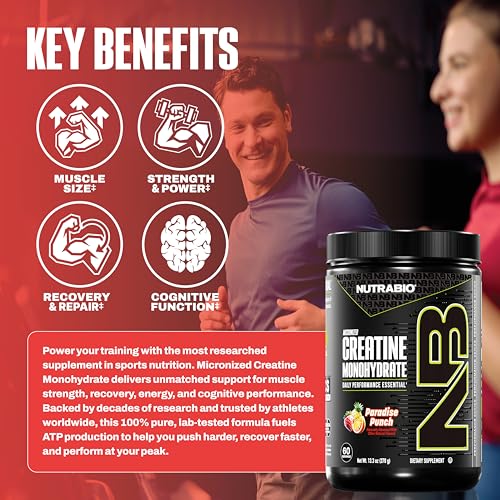 Image of NutraBio Pure Micronized Creatine Monohydrate Powder Supplement,Paradise Punch,(300g)-Supports Bulk Muscle Energy, Recovery, and Strength-HPLC Tested Creatine Powder Supplement for Men and Women