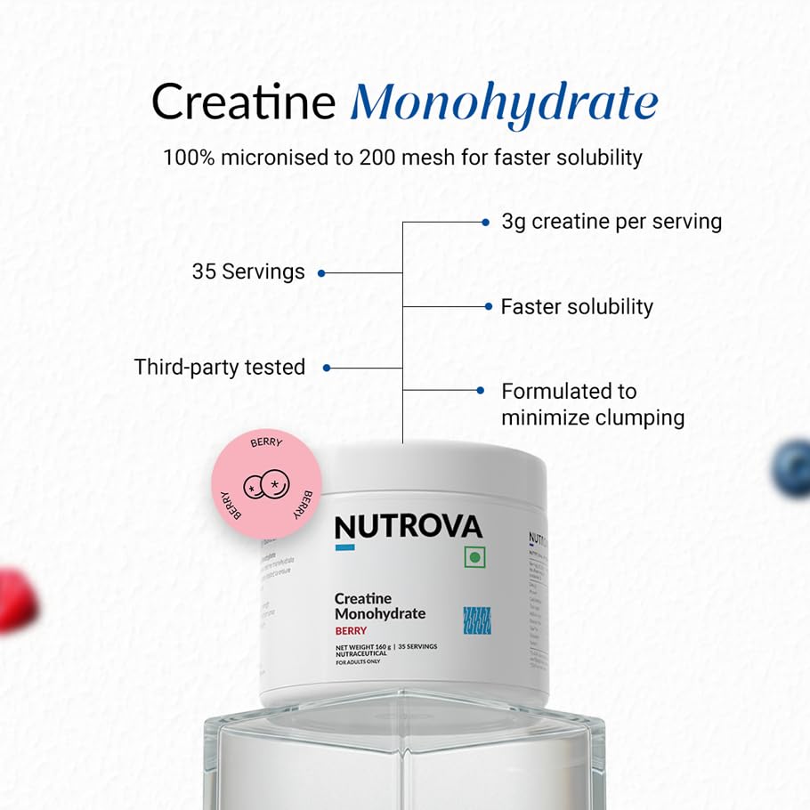 Image of NUTROVA Creatine Monohydrate (Berry) | 100% Micronised | Third-Party Tested | Supports Strength, Lean Mass & Brain Energy | 0 Calories | 35 Servings | 160g