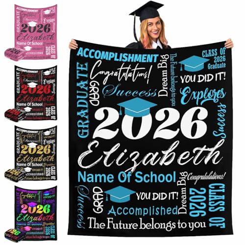 casecoco Personalized Graduation Gifts Blanket with Name School, Custom Class of 2026 Graduation Blankets 2026 Grad Throw Customized Blanket for High School College Graduation Party Gifts