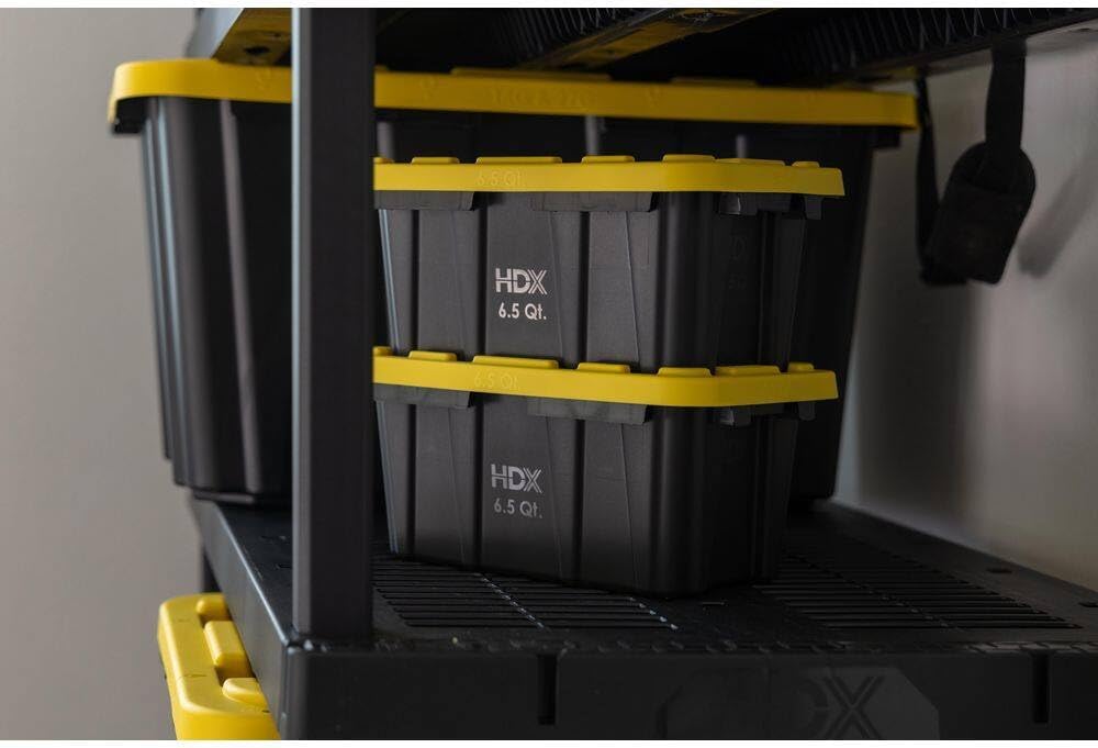 6.5 Quart (1.6 Gallon) Small Tough Storage Tote with Yellow Snap Lid, Black, Stackable & Nestable, Heavy-Duty Plastic Organizing Bins, 4-Pack