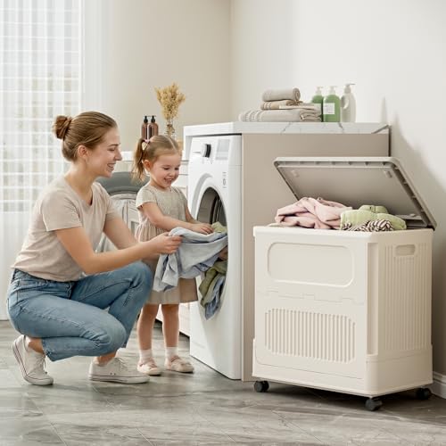 Image of HAIXIN HOME Slim Rolling Laundry Hamper with Lid, 60L Foldable Plastic Laundry Basket on Wheels with Handle, Dirty Clothes Hamper Cart for Narrow Spaces, Bedroom, Bathroom, Closet, Dorm, Under Table