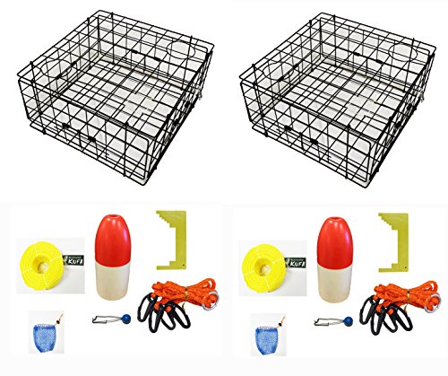 2-Pack of KUFA Vinyl Coated Crab Traps & Accessory Kits (100' Poly Rope with line Weight,Caliper,Harness,Bait Bag & 11