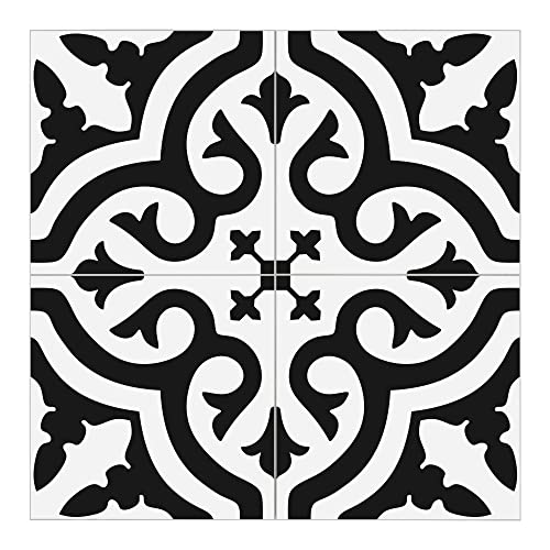 The Tiles Plaza Encaustic Peel and Stick Backsplash, Black and White Patterned Vintage Stick on Tiles, Stone Composite Self-Adhesive Wall Tile Sticker for Kitchen Bathroom Fireplace Stairs, 10 Sheets