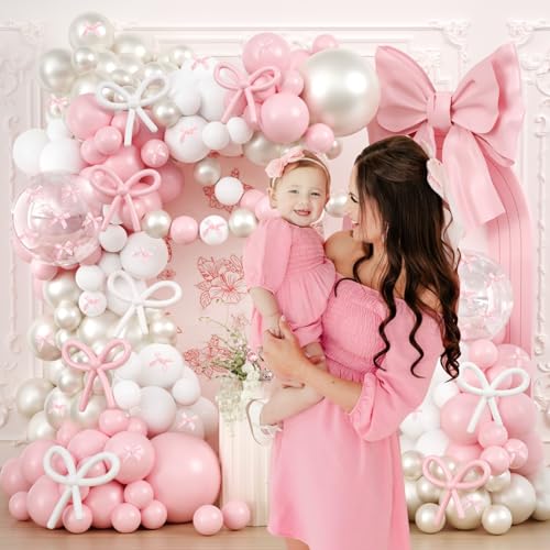 Image of Pink Bow Balloons Arch Garland Kit,JOGAMS 199Pcs Pink and White Balloon Arch Kit with 260 Clear Pearl Balloons Ribbon Bow for Bow Coquette Birthday Decorations Bachelor Baby Shower Bridal Shower