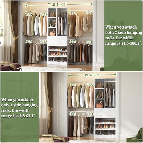 Closet System, 4.2–8.8 FT Closet Organizer with 2 Wooden Drawers and Shelves, Walk-in Closet System with 5 Hang Rods, Built-in Reach in Closet Tower, Can Fit 60 to 96 inch, White - Image 3