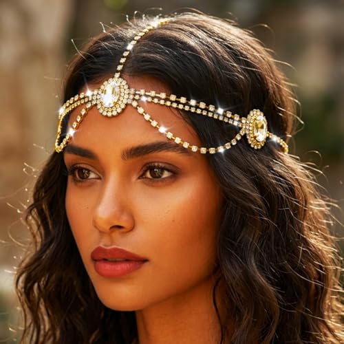 GORAIS Rhinestone Head Chain Gold Crystal Headpiece Egyptian Costume Headband for Women