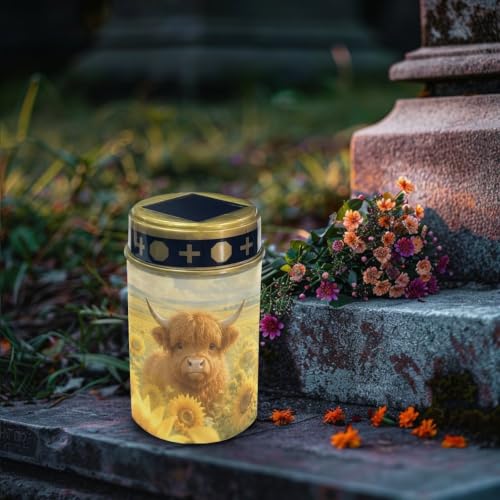 Image of Poceacles Outdoor Lights Solar Grave Candle Solar Cemetery Candles LED Automatic Outdoor Flameless Cemetery Lights for Loss of Dad, Sunflower Highland Cow, Set of 6