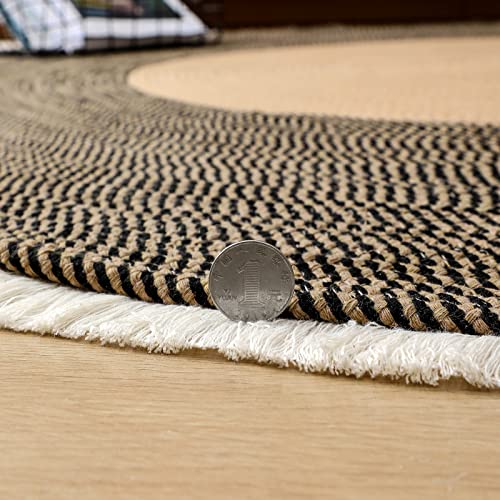 Image of Cotton Rope Rounds Rug with Tassels - Handwoven Bohemian Carpet for Living Room, Bedroom, Pooja & Home Decor, Soft & Washable Floor Mat, Beige & Black, 7x7 feet