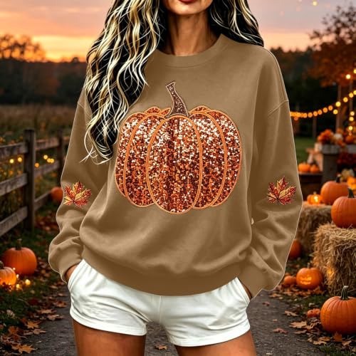 Pumpkin Sweatshirt Women Sequin Oversized Crewneck Halloween Sweatshirts - image 2