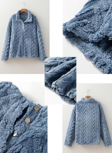 BLENCOT Womens Casual Fall Warm Button Down Collar Sherpa Pullover Sweatshirts Jacket Pockets Fuzzy Fleece Plaid Cable Textured Fluffy Sweatshirt Tops Blue L