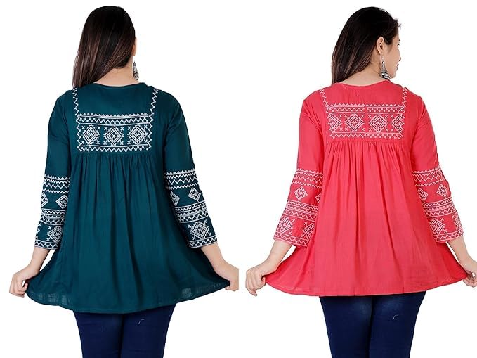 Image of Shiva Fab Short Kurti for Women | Embroidered Straight Rayon Kurta | Round Neck Full Sleeves Short Kurti for Women's Combo Pack of 2