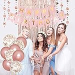 Rose Gold Birthday Party Decorations, Happy Birthday Banner, Rose Gold Fringe Curtain, Heart Star Foil Confetti Balloons, Hanging Swirls for Women Girls Birthdays Princess Party - Image 4