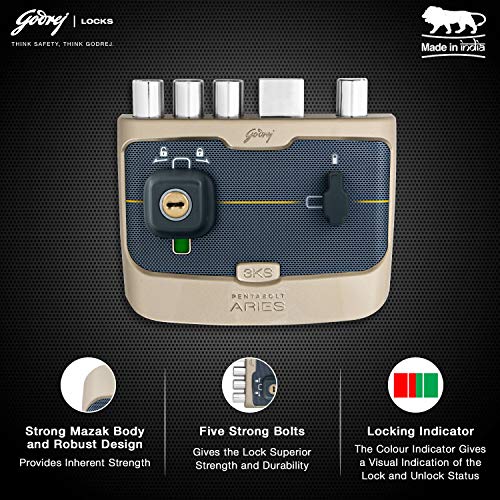 Image of Godrej Rim Lock I Pentabolt Aries 3KS I 5 Bolts I 2C Deadbolt I for Inside Opening Door l Left /Right Handed Doors I 4 Keys I 15-Year Warranty I Manual Locking I Vegas Gold Finish