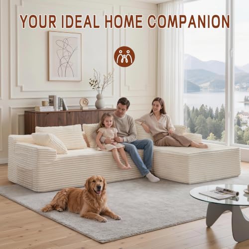 Image of Korser 108 inch L-Shaped Modular Sectional Sofa with Chaise, Boneless Comfy Corduroy Fluffy Couch with Deep Seat and Side Pockets, Flexible Module Combination for Living Room, No Assembly, Side Pockets