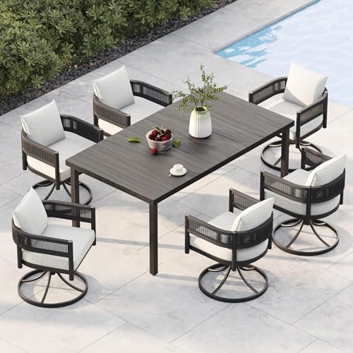 Image of Grand patio 7 PCS Outdoor Dining Set, Patio Table and Chairs Set for 6, Metal Woven Wicker Swivel Patio Chairs with Thickened Cushions & 1 Rectangular Woodgrain Dining Table with Umbrella Hole (Black)