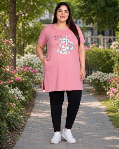 Image of In Love Women Cotton Regular Fit Plus Size Long-Line Chest Print T-Shirt with Pocket