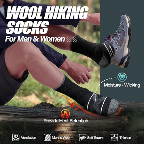 Image of ANTSANG 5 Pairs Merino Wool Hiking Socks for Men & Women Thermal Winter Warm Moisture Wicking Cushion Boot Socks