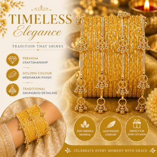 Image of JPS 16 Pcs Trendy Stylish Glass & Kashmiri Ghungroo Bangles Set for Women & Girls | Gold-Plated Traditional Festive Wedding Party Jewellery Chudi Set (12 Glass + 4 Metal)