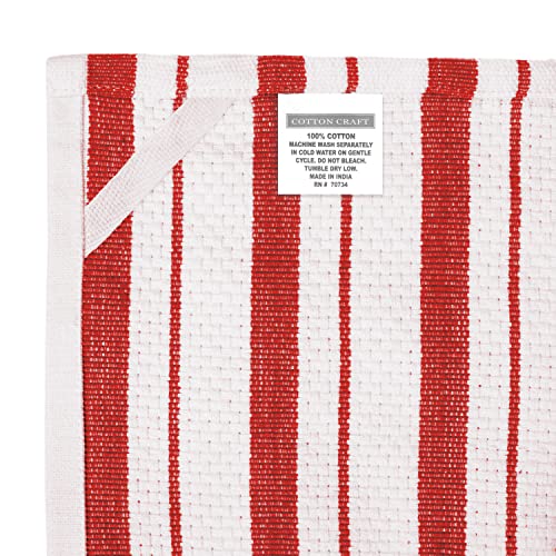 Cotton Craft Oversized Kitchen Towels - 4 Pack 100% Cotton Basketweave Tea Dish Towels - Absorbent Reusable Low Lint Quick Dry - Cooking Drying Restaurant Bar Cleaning Cloth Napkin -20X30 Red Stripe #TOP3